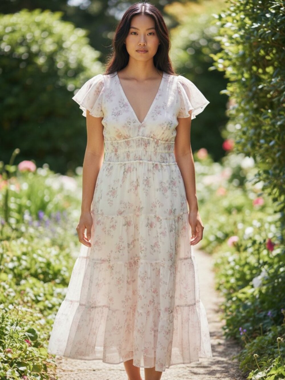 STORIA NWT Floral V-Neck Flutter Sleeve Smocked Tiered Maxi Dress in White Pink